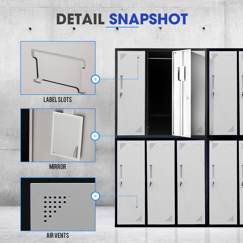 Fortia 6 Door Metal Storage Cabinet Lockers for Gym Office - Black and Grey V219-STLFOA6DBK