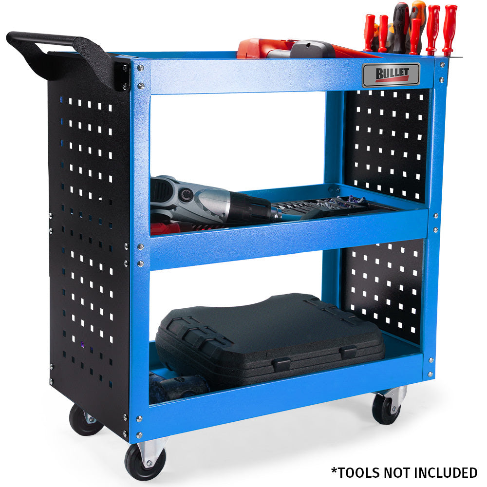 Bullet 3-Tier Steel Tool Trolley Cart, for Workshop, Mechanic, with Pegboard, Screwdriver Bay, Blue V219-STRTCTBU2BLA