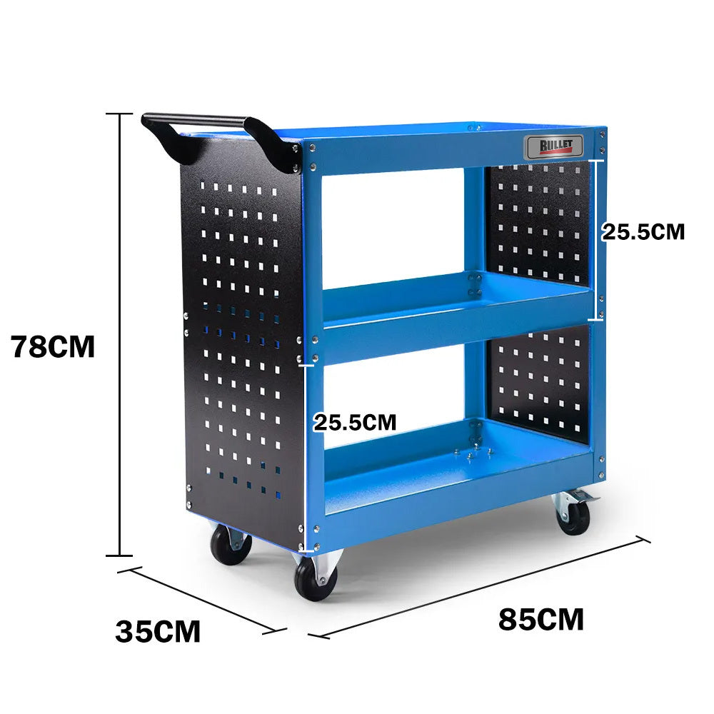 Bullet 3-Tier Steel Tool Trolley Cart, for Workshop, Mechanic, with Pegboard, Screwdriver Bay, Blue V219-STRTCTBU2BLA