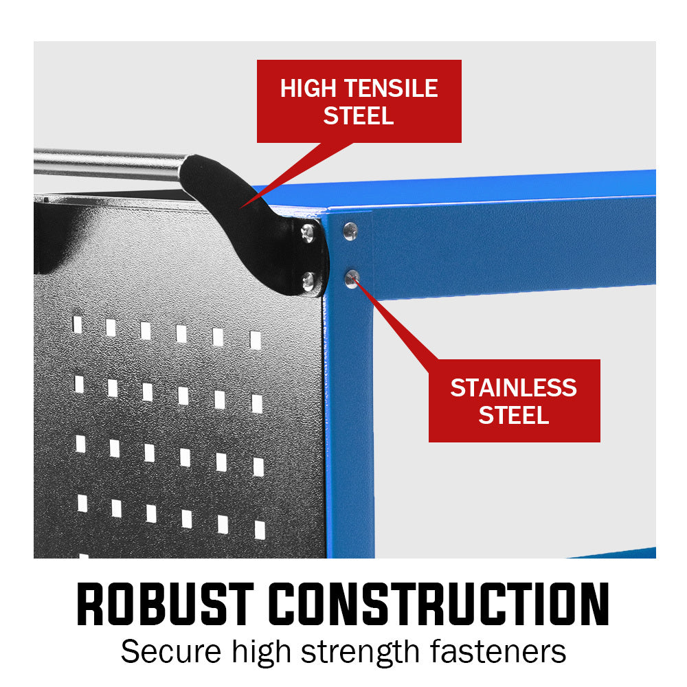 Bullet 3-Tier Steel Tool Trolley Cart, for Workshop, Mechanic, with Pegboard, Screwdriver Bay, Blue V219-STRTCTBU2BLA