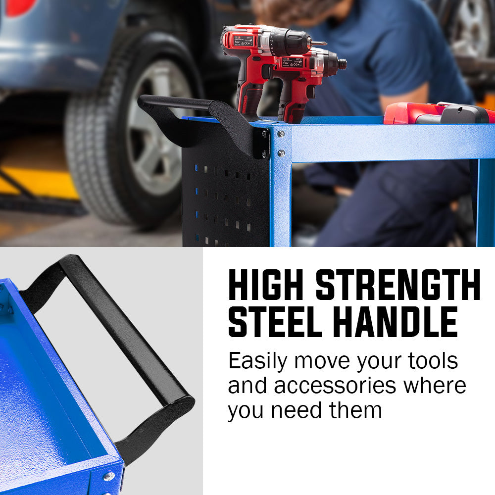 Bullet 3-Tier Steel Tool Trolley Cart, for Workshop, Mechanic, with Pegboard, Screwdriver Bay, Blue V219-STRTCTBU2BLA