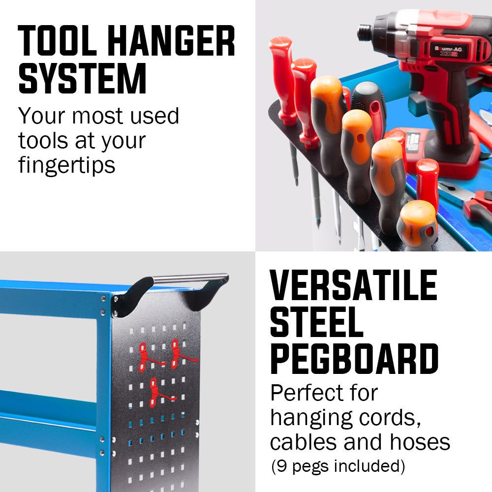 Bullet 3-Tier Steel Tool Trolley Cart, for Workshop, Mechanic, with Pegboard, Screwdriver Bay, Blue V219-STRTCTBU2BLA
