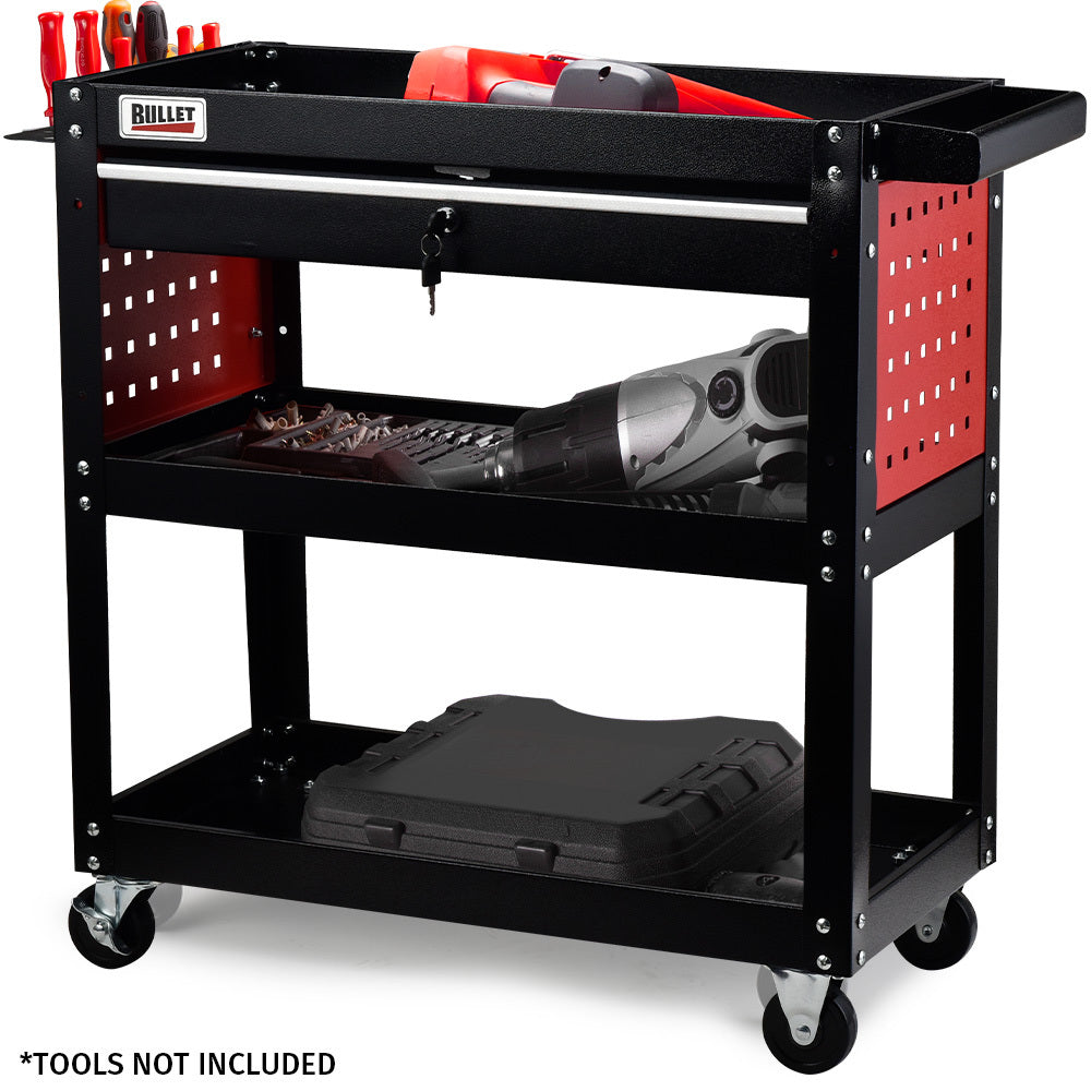 Bullet 3-Tier Steel Tool Trolley Cart, for Workshop, Mechanic, with Drawer, Pegboard, Screwdriver Bay, V219-STRTCTBU3BKA