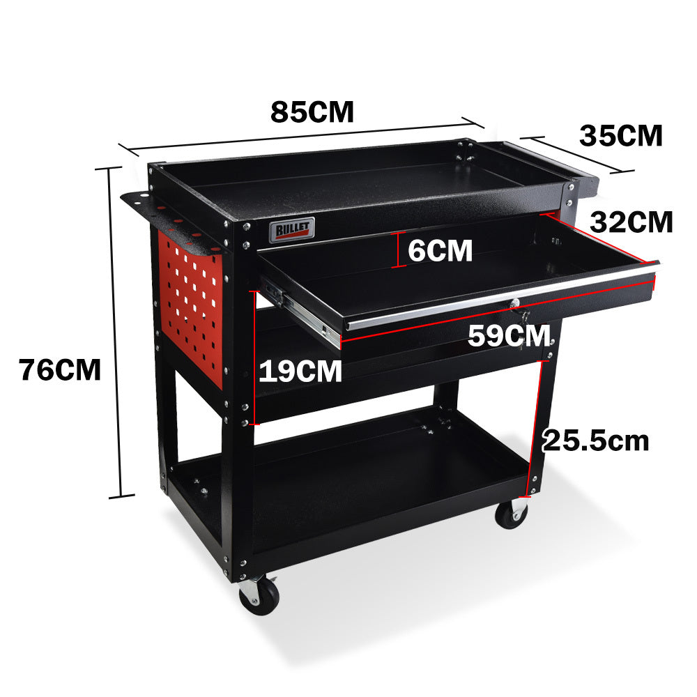 Bullet 3-Tier Steel Tool Trolley Cart, for Workshop, Mechanic, with Drawer, Pegboard, Screwdriver Bay, V219-STRTCTBU3BKA