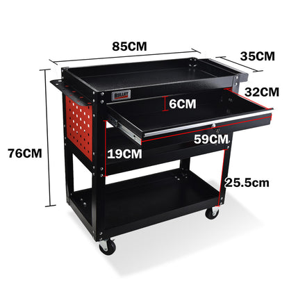 Bullet 3-Tier Steel Tool Trolley Cart, for Workshop, Mechanic, with Drawer, Pegboard, Screwdriver Bay, V219-STRTCTBU3BKA