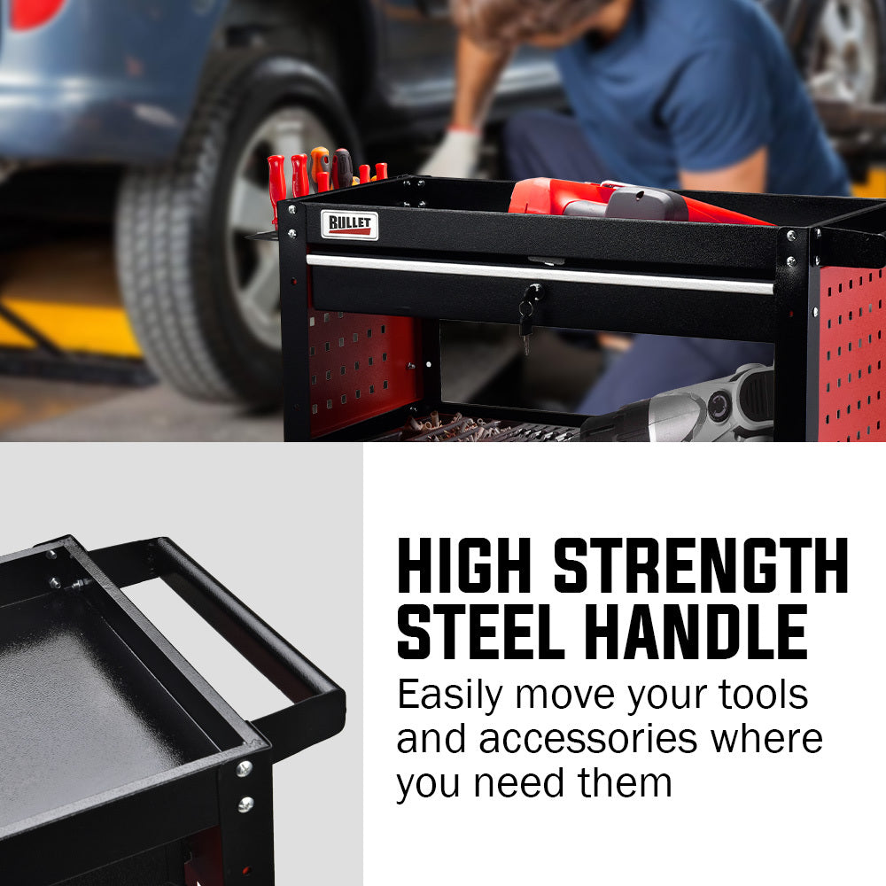 Bullet 3-Tier Steel Tool Trolley Cart, for Workshop, Mechanic, with Drawer, Pegboard, Screwdriver Bay, V219-STRTCTBU3BKA