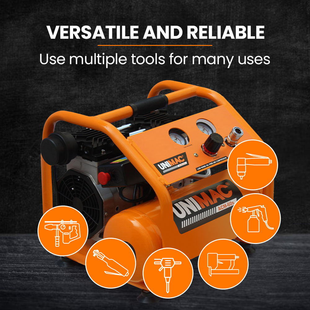 Unimac 1.5HP 6L Silent Oil-Free Portable Electric Air Compressor, for Airtools, Tyre Inflation V219-TOLACMUM060FA