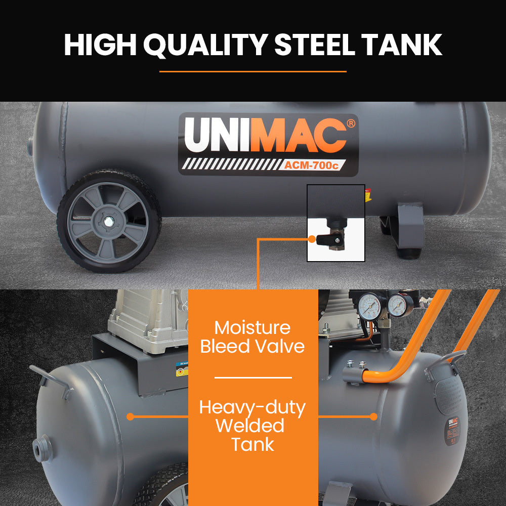 Unimac 70L 2.2kW Commercial Air Compressor, 280L/min 116PSI, Brushless Motor, Certified Tank, Long Service V219-TOLACMUM07BA