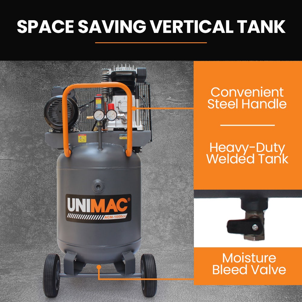 Unimac 100L 2.6kW Industrial Air Compressor, 370L/min 116PSI, Brushless Motor, Long Service Life, Certified V219-TOLACMUM10VA