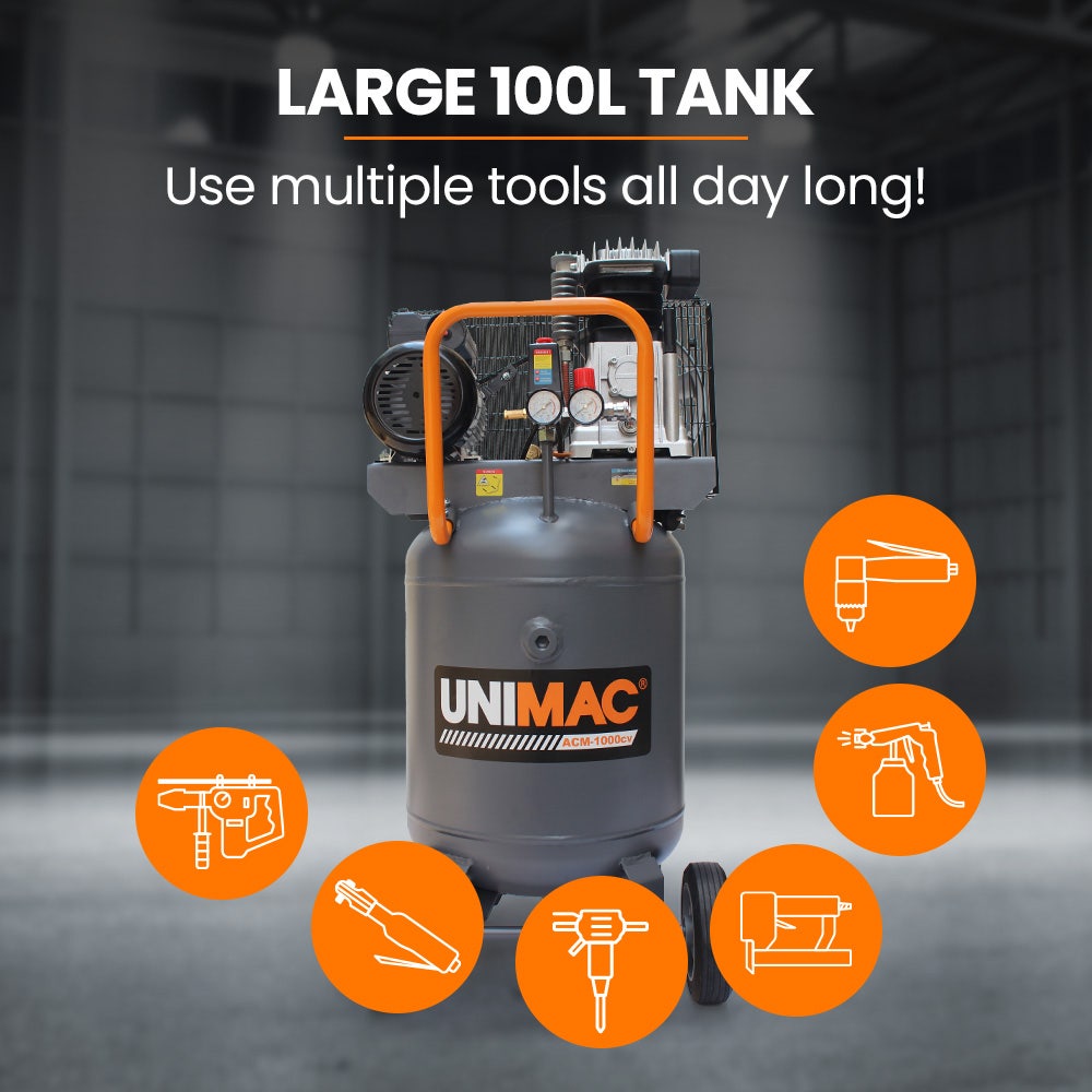 Unimac 100L 2.6kW Industrial Air Compressor, 370L/min 116PSI, Brushless Motor, Long Service Life, Certified V219-TOLACMUM10VA