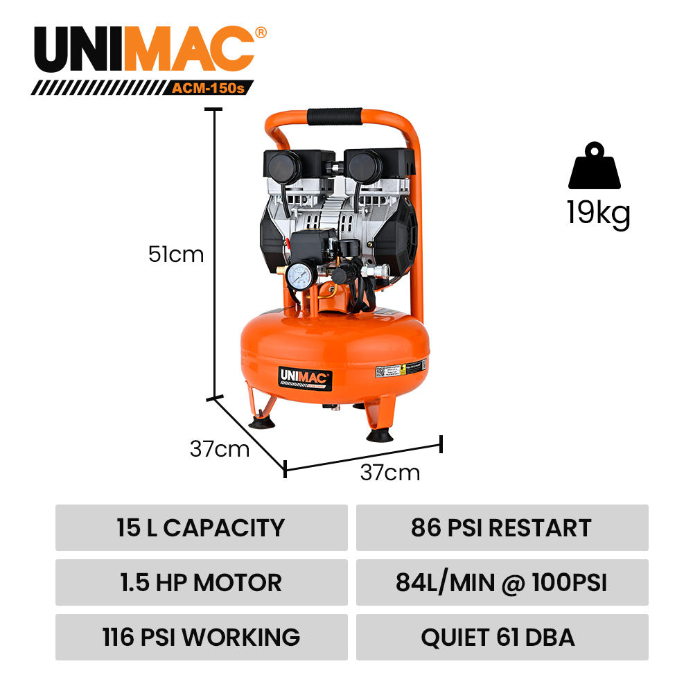 UNIMAC 15L Pancake Air Compressor, 116PSI Portable Silent Oil-Free Electric, for Airtools Tyre Inflation V219-TOLACMUM1C5FA