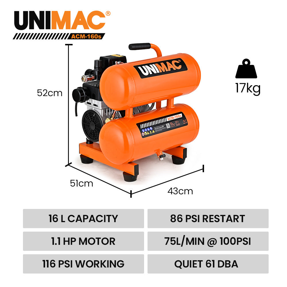 UNIMAC 16L Twin Tank Air Compressor, 116PSI Portable Silent Oil-Free Electric, for Airtools Tyre Inflation V219-TOLACMUM1C6FA