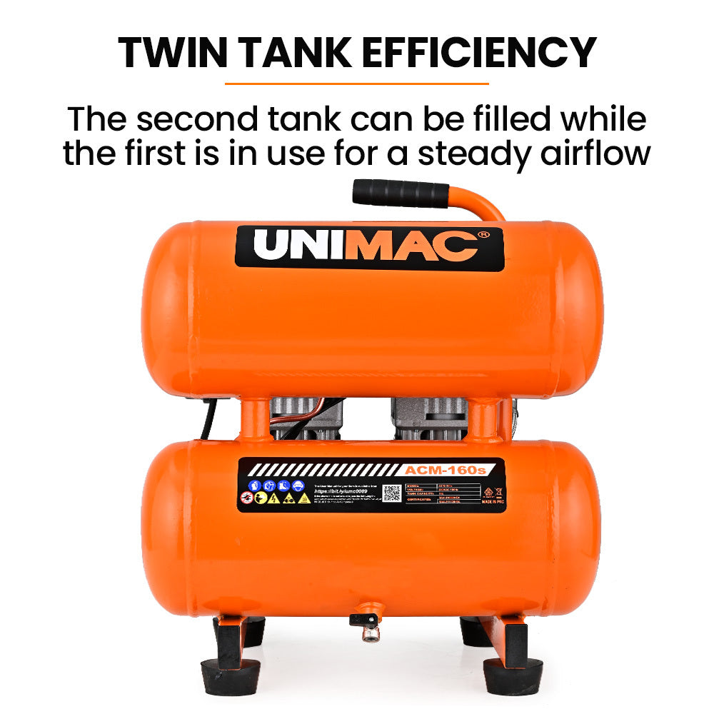 UNIMAC 16L Twin Tank Air Compressor, 116PSI Portable Silent Oil-Free Electric, for Airtools Tyre Inflation V219-TOLACMUM1C6FA