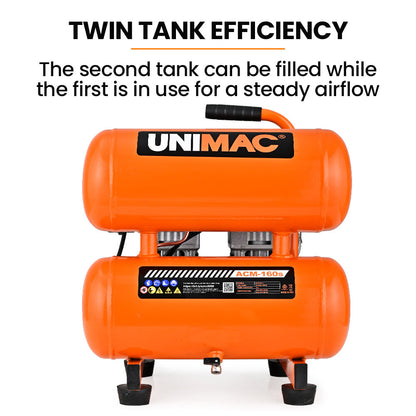 UNIMAC 16L Twin Tank Air Compressor, 116PSI Portable Silent Oil-Free Electric, for Airtools Tyre Inflation V219-TOLACMUM1C6FA