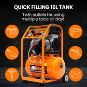 Unimac 16L Silent Oil-Free Electric Air Compressor, 116PSI Portable with Wheels and Handle, Twin Nitto V219-TOLACMUM1C6VA