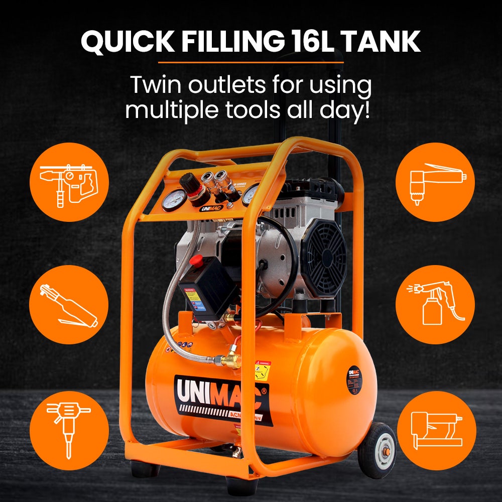 Unimac 16L Silent Oil-Free Electric Air Compressor, 116PSI Portable with Wheels and Handle, Twin Nitto V219-TOLACMUM1C6VA