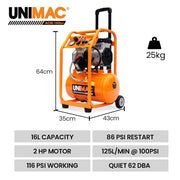 Unimac 16L Silent Oil-Free Electric Air Compressor, 116PSI Portable with Wheels and Handle, Twin Nitto V219-TOLACMUM1C6VA
