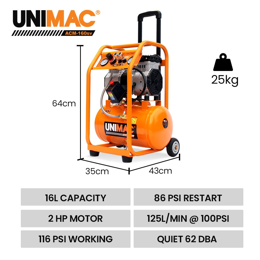 Unimac 16L Silent Oil-Free Electric Air Compressor, 116PSI Portable with Wheels and Handle, Twin Nitto V219-TOLACMUM1C6VA