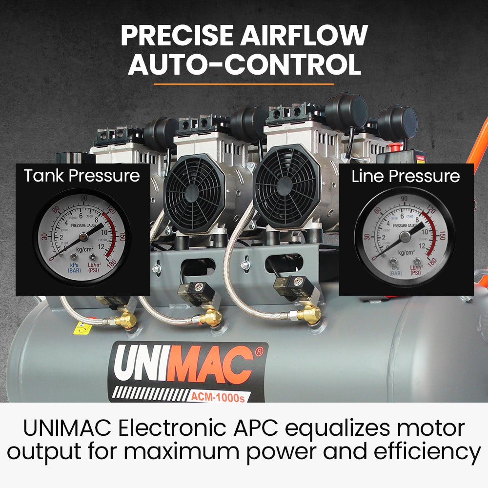 UNIMAC 100L 4.5HP Silent Oil-Free Air Compressor, with Twin Nitto Outlets, 15A Plug V219-TOLACMUM1M0FA