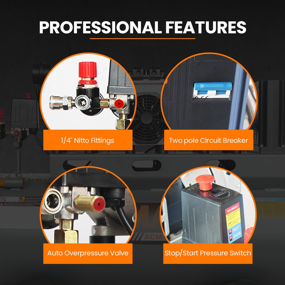 UNIMAC 100L 4.5HP Silent Oil-Free Air Compressor, with Twin Nitto Outlets, 15A Plug V219-TOLACMUM1M0FA