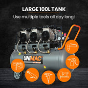 UNIMAC 100L 4.5HP Silent Oil-Free Air Compressor, with Twin Nitto Outlets, 15A Plug V219-TOLACMUM1M0FA