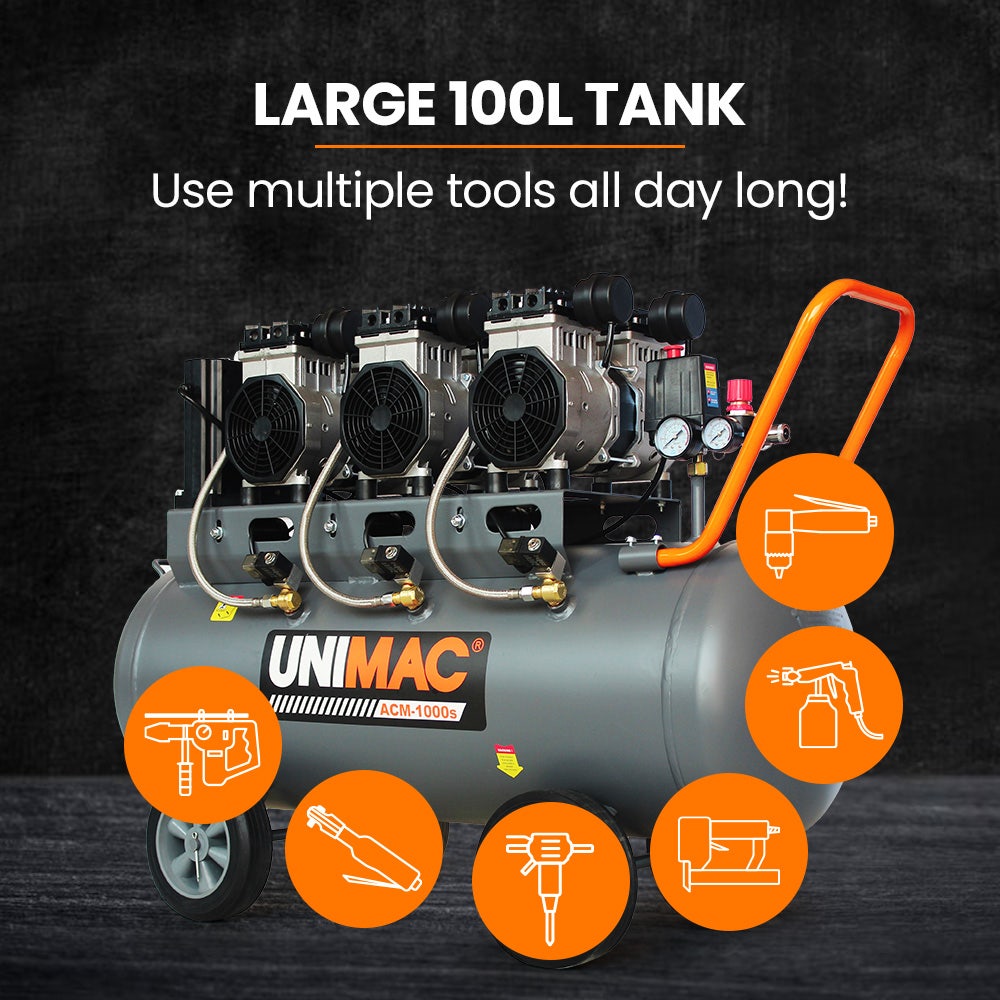 UNIMAC 100L 4.5HP Silent Oil-Free Air Compressor, with Twin Nitto Outlets, 15A Plug V219-TOLACMUM1M0FA