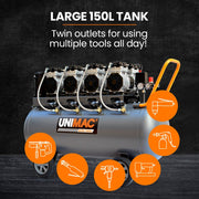 Unimac 150L 4.5HP Ultra-Slient Oil-Free Electric Air Compressor, Long Life Quad Motor, 116PSI Portable Heavy V219-TOLACMUM1M5FA