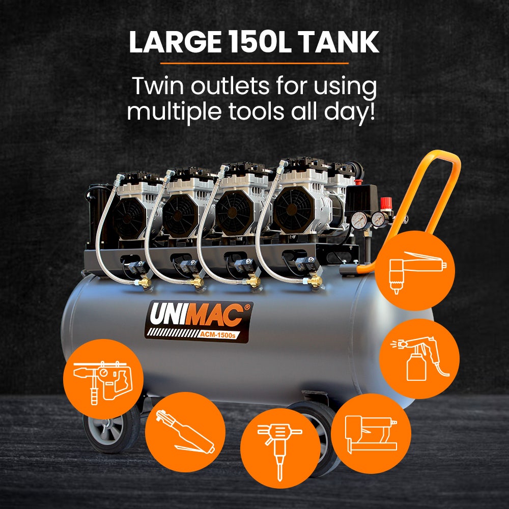 Unimac 150L 4.5HP Ultra-Slient Oil-Free Electric Air Compressor, Long Life Quad Motor, 116PSI Portable Heavy V219-TOLACMUM1M5FA