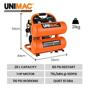 UNIMAC 20L Twin Tank Air Compressor, 116PSI Portable Silent Oil-Free Electric, for Airtools Tyre Inflation V219-TOLACMUM2C0FA