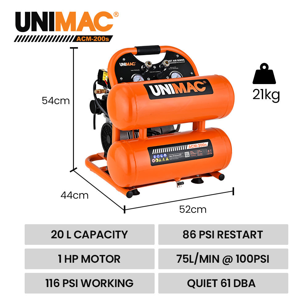 UNIMAC 20L Twin Tank Air Compressor, 116PSI Portable Silent Oil-Free Electric, for Airtools Tyre Inflation V219-TOLACMUM2C0FA