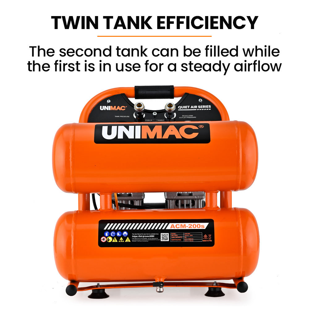 UNIMAC 20L Twin Tank Air Compressor, 116PSI Portable Silent Oil-Free Electric, for Airtools Tyre Inflation V219-TOLACMUM2C0FA