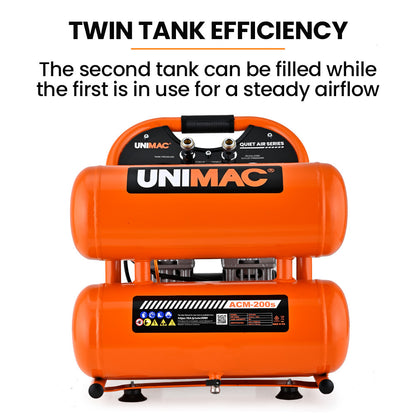 UNIMAC 20L Twin Tank Air Compressor, 116PSI Portable Silent Oil-Free Electric, for Airtools Tyre Inflation V219-TOLACMUM2C0FA