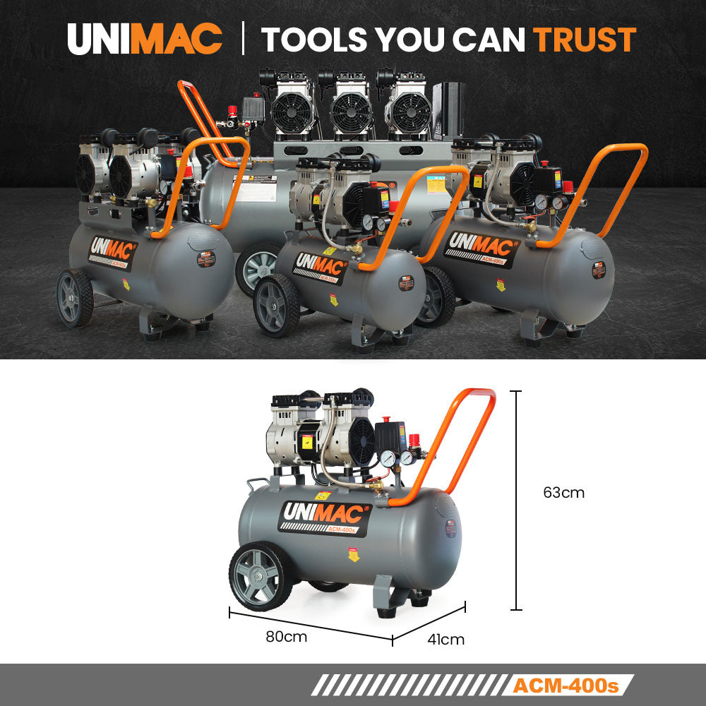 UNIMAC 40L 2.0HP Silent Oil-Free Electric Air Compressor, Portable, Twin Nitto Outlets V219-TOLACMUM4C0FA