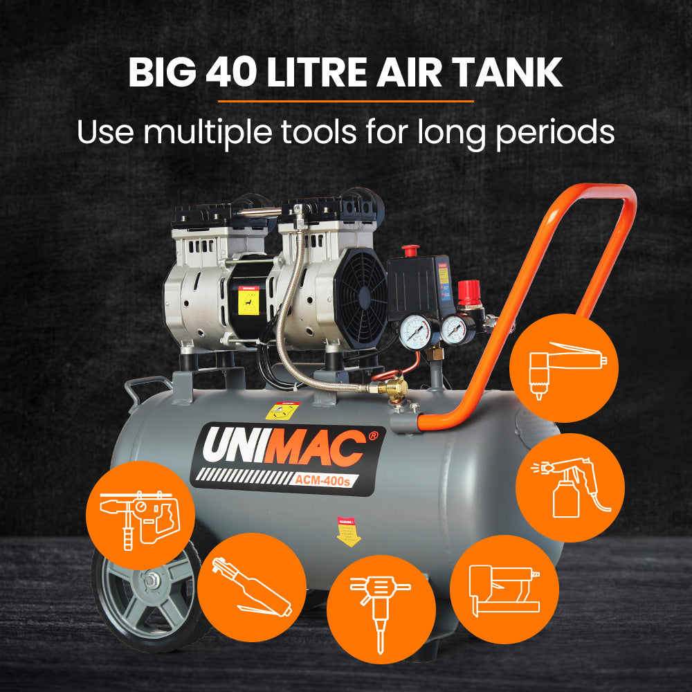 UNIMAC 40L 2.0HP Silent Oil-Free Electric Air Compressor, Portable, Twin Nitto Outlets V219-TOLACMUM4C0FA
