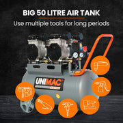 UNIMAC 50L 3.0HP Silent Oil-Free Electric Air Compressor, Portable, Twin Nitto Outlets V219-TOLACMUM5C0FA