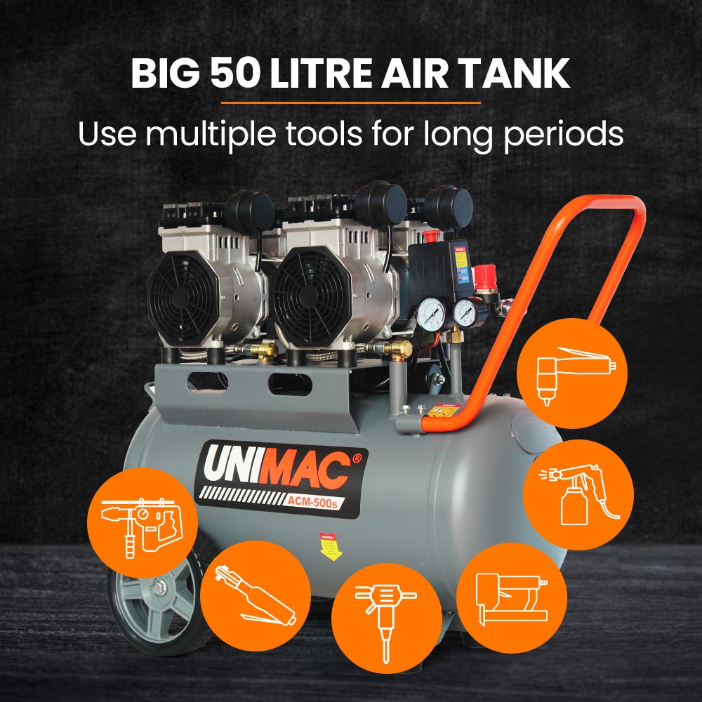 UNIMAC 50L 3.0HP Silent Oil-Free Electric Air Compressor, Portable, Twin Nitto Outlets V219-TOLACMUM5C0FA