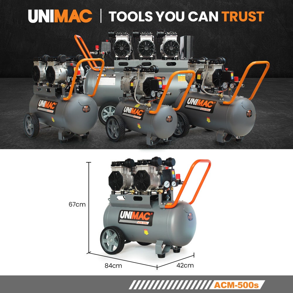 UNIMAC 50L 3.0HP Silent Oil-Free Electric Air Compressor, Portable, Twin Nitto Outlets V219-TOLACMUM5C0FA