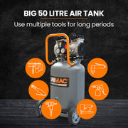 Unimac 2HP 50L Silent Oil-Free Portable Electric Air Compressor, Vertical, for Airtools, Tyre Inflation V219-TOLACMUM5CFVA