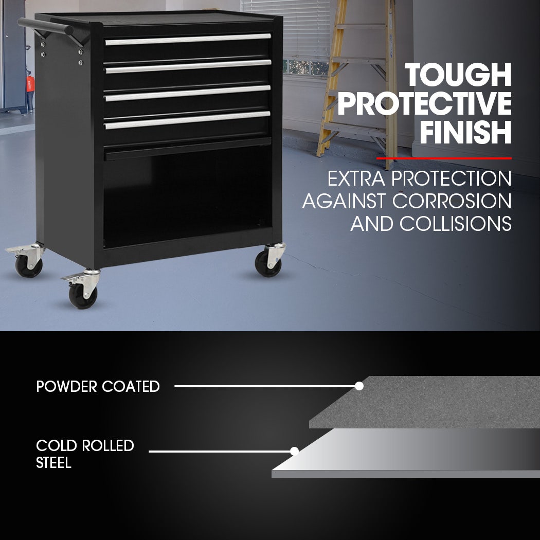 Bullet Pro 4 Drawer Tool Box Cabinet Trolley Storage, with 1-Door Toolbox Garage Organiser Set, Black V219-TOLCABBU15KA