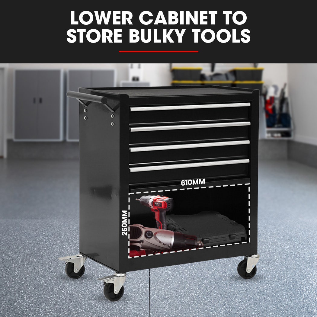 Bullet Pro 4 Drawer Tool Box Cabinet Trolley Storage, with 1-Door Toolbox Garage Organiser Set, Black V219-TOLCABBU15KA