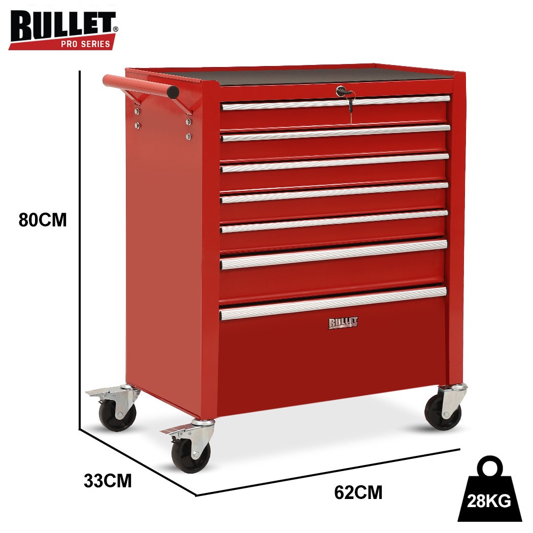 BULLET Pro 7 Drawer Tool Box Cabinet Trolley Storage, Toolbox Garage Organiser Set, Red V219-TOLCABBU17RA
