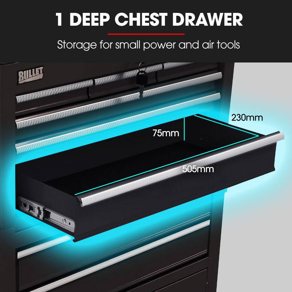 BULLET Pro 8 Drawer Tool Box Chest Cabinet Storage, with 2-Door Toolbox Garage Organiser Set, Black V219-TOLCABBU82KA