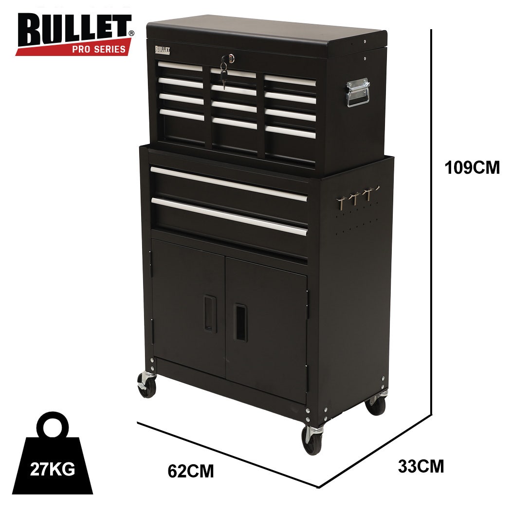 BULLET Pro 8 Drawer Tool Box Chest Cabinet Storage, with 2-Door Toolbox Garage Organiser Set, Black V219-TOLCABBU82KA