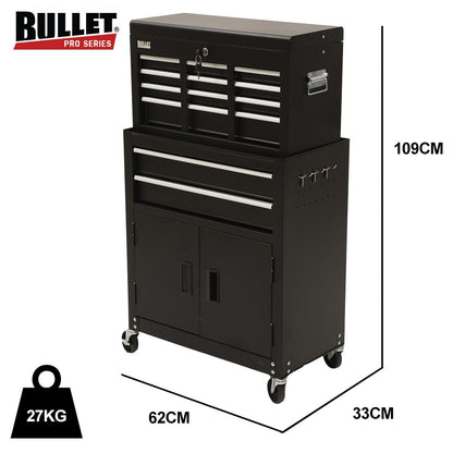 BULLET Pro 8 Drawer Tool Box Chest Cabinet Storage, with 2-Door Toolbox Garage Organiser Set, Black V219-TOLCABBU82KA