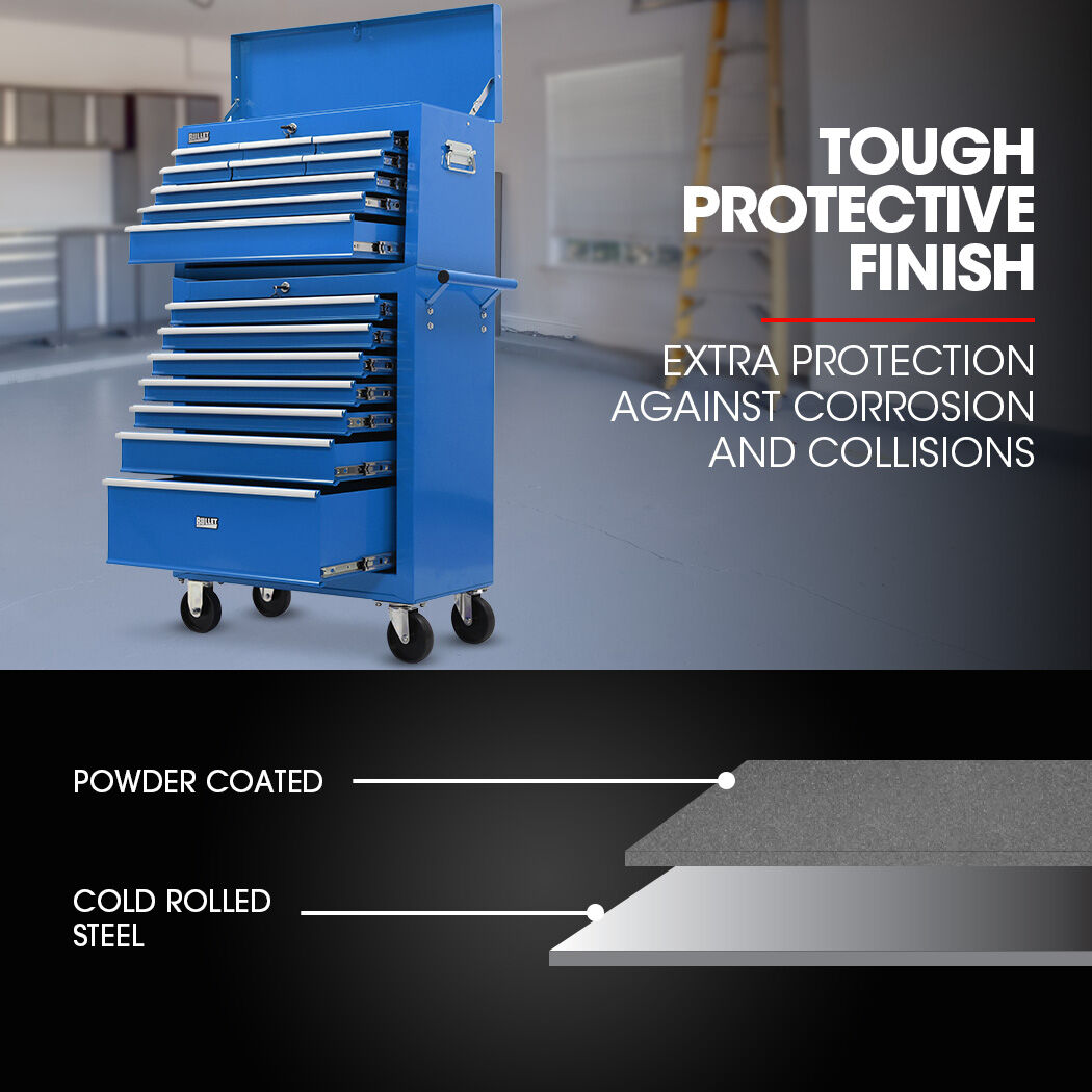 BULLET 16 Drawer Tool Box Cabinet Chest Storage, Toolbox Garage Organiser Set, Blue V219-TOLCCCBU79BA