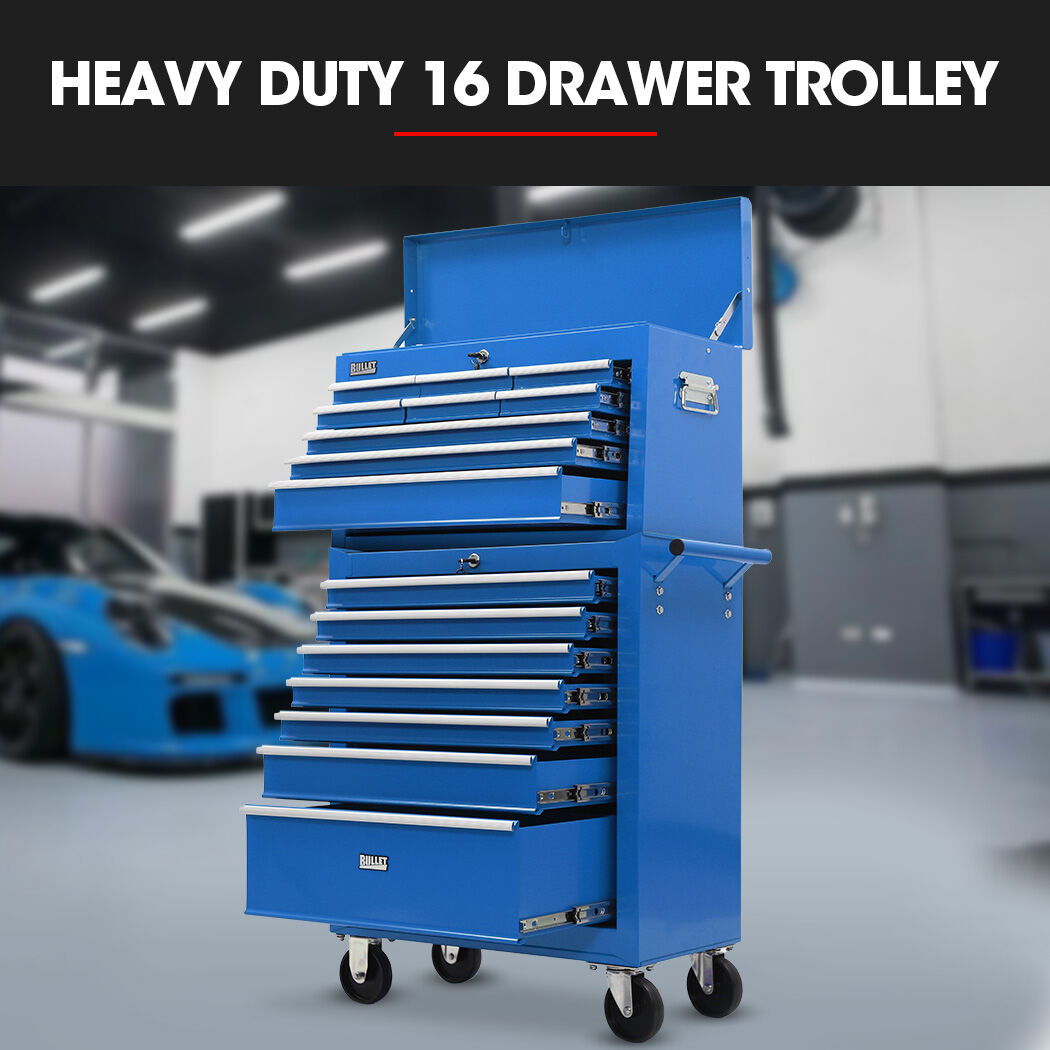 BULLET 16 Drawer Tool Box Cabinet Chest Storage, Toolbox Garage Organiser Set, Blue V219-TOLCCCBU79BA