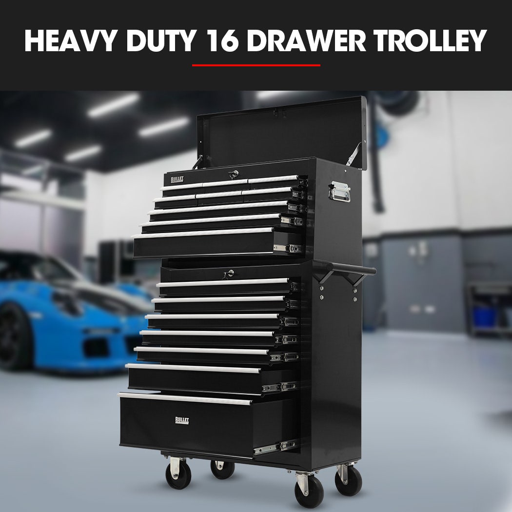 BULLET Pro 16 Drawer Tool Box Cabinet Chest Storage, Toolbox Garage Organiser Set, Black V219-TOLCCCBU79KA