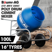 BAUMR-AG 100L Portable Poly Drum Cement Concrete Mixer, Ultra-Light 36kg, 16 Inch Tyres, Electric Direct V219-TOLCCMBM1C0A
