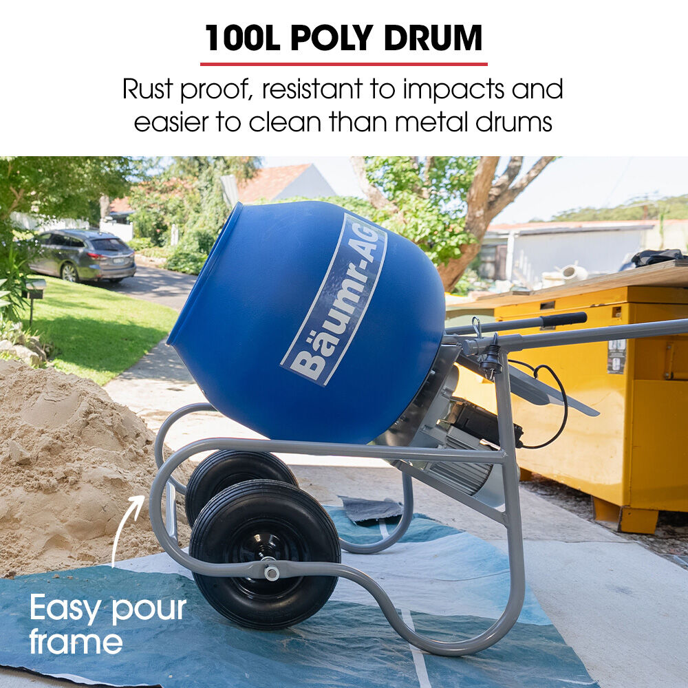 BAUMR-AG 100L Portable Poly Drum Cement Concrete Mixer, Ultra-Light 36kg, 16 Inch Tyres, Electric Direct V219-TOLCCMBM1C0A