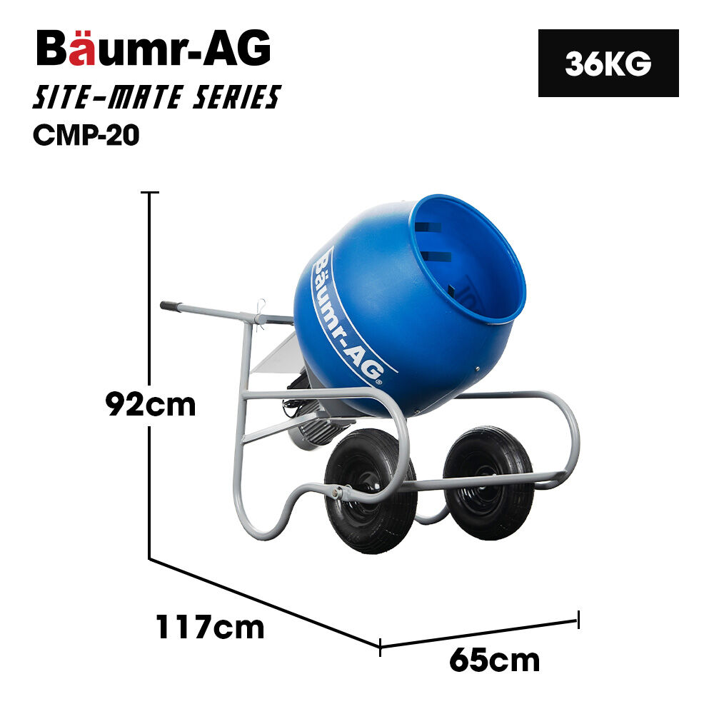 BAUMR-AG 100L Portable Poly Drum Cement Concrete Mixer, Ultra-Light 36kg, 16 Inch Tyres, Electric Direct V219-TOLCCMBM1C0A